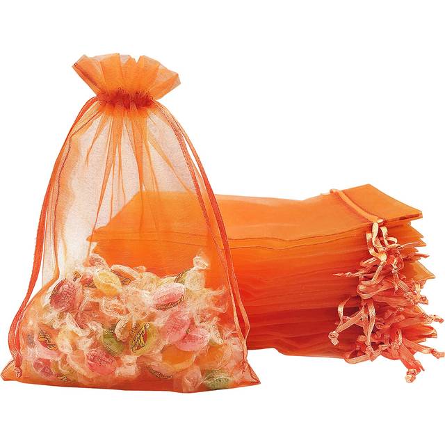 Jexila 100PCS Orange Organza Bags 5X7 inches Halloween Trick or Treat Candy Goodie Bags for Kids Classroom Party Favor Pouch Drawstring Gift Bags Oran