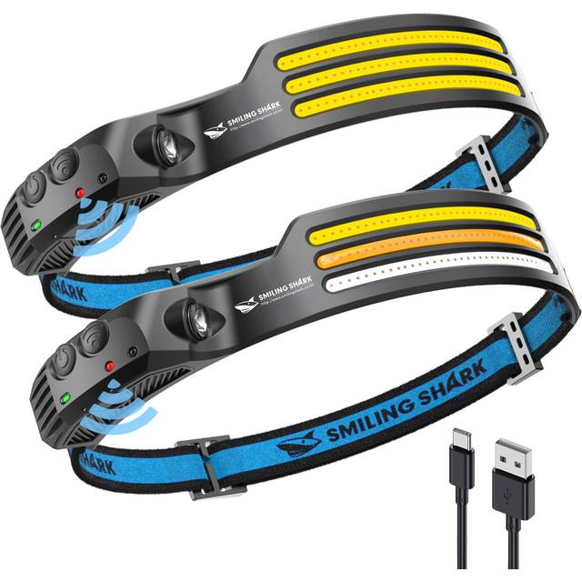 Smiling Shark Pannlampa, 2 st, 230° bred vinkel, 3 x LED-ljusslingor i flera färger med uppladdningsbar och vattentät rörelsesensor för camping och vandring, LED-ljus som pannlampa och för camping