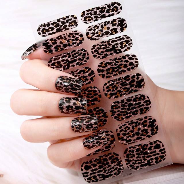 Beauty Sticker 16pcs Leopard Print Self-Adhesive Nail Art Stickers With Glitter Detail, Diy Nail Art Decals, Including 1pc Nail File