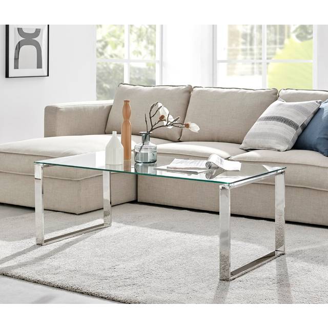 Aditya Chrome and Tempered Glass Coffee Table - Modern Design Living Room Table - Clear (45.5cm H X 60cm W X 120cm D)