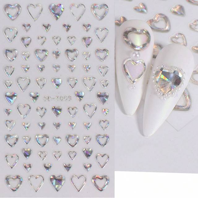 SHEIN 1pc Hearts 5D Engraved Nail Stickers Laser Silver Holographic Glitter Sweet Heart Valentine Wedding Design Adhesive Sliders Nail Art Decoration Emboss