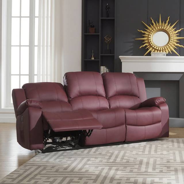 Abdoul 3 Seater Vegan Leather Electric Reclining Sofa - Burgundy (103cm H X 201cm W X 99cm D)