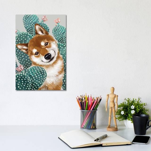 Shiba Inu with Cactus by Big Nose Work - Wrapped Canvas Graphic Art (20.32 cm H x 30.48 cm W)