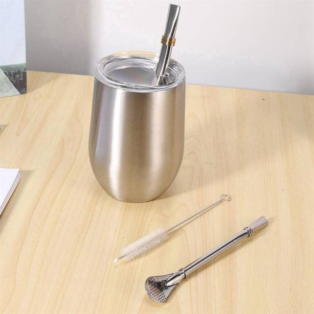 2X Yerba Mate Tea Cup Set 12Oz,Double-Wall Stainless Coffee Water Cup with Lid 2 Bombillas Straws Spoon&Brush