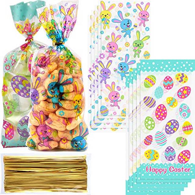 100 Pack Easter Day Treat Bag Easter Bunny Cello Bag Party Bag Candy Cellophane Bag Easter Egg Treat Bag Painted Eggs Cello Bag Easter Goody Bags Grab