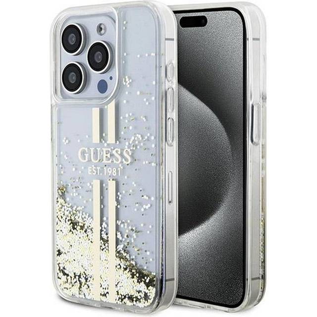 Guess liquid glitter gold stripes hard case for iphone 15 pro max transparent