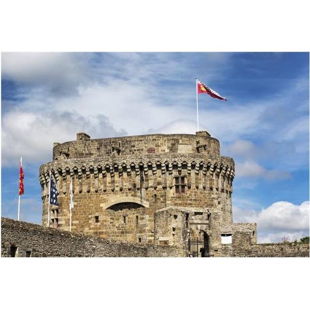 Large Stone Fort with Colourful Flags on Top with Blue Sky & Clouds - Dinan Brittany France Poster Print - 19 x 12 in.