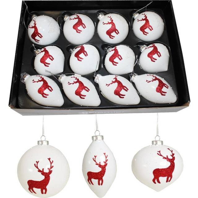 Box of 12 Luxury 80-110mm Glass Christmas Tree Baubles - White with Red Reindeer