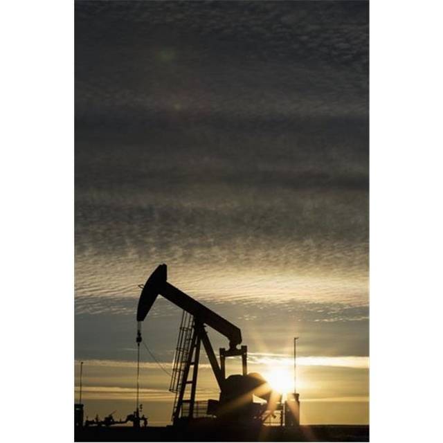 Silhouette of Pump Jack At Sunrise with Sun Burst & Colourful Clouds in The Sky - Alberta Canada Poster Print by Michael Interisano, 12 x 19