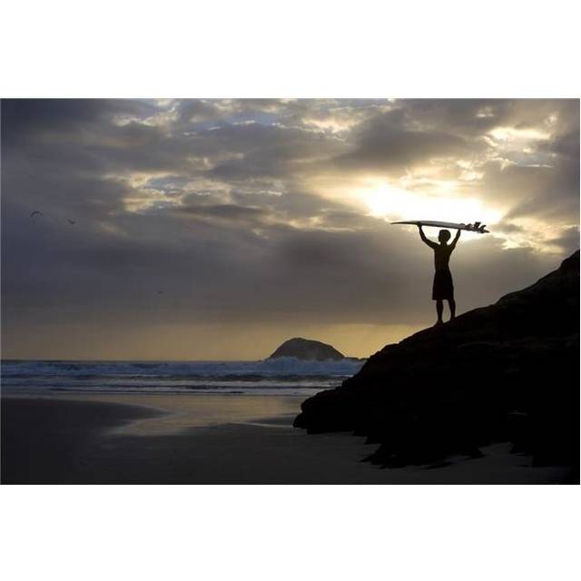 A Surfer On Muriwai Beach New Zealand Poster Print by Deddeda, 17 x 11