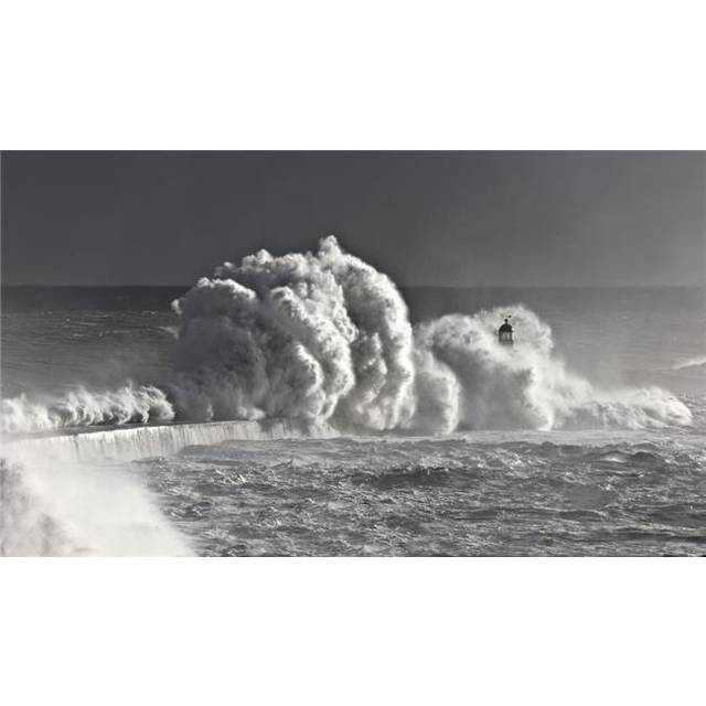 Seaham England - Stormy Waves Pounding Seawall Poster Print, Large - 36 x 20