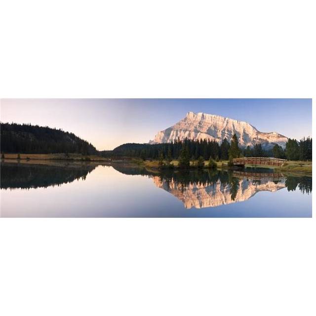 A Scenic Shot of A Mountainside & Small Bridge - Banff National Park Alberta Canada Poster Print, Large - 44 x 16