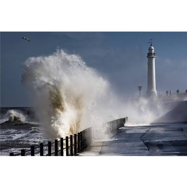 Waves Crashing by Lighthouse At Sunderland Tyne & Wear England United Kindgom Poster Print by John Short, 34 x 22 - Large