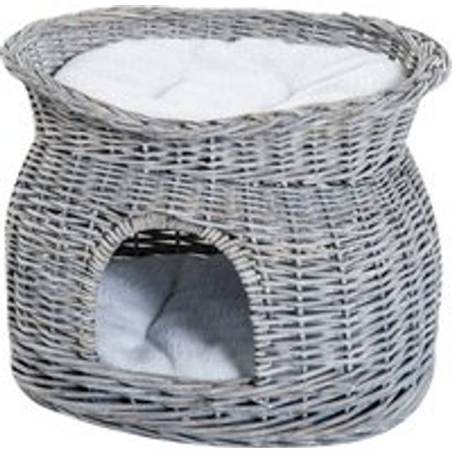 PawHut 2-Tier Wicker Cat House Elevated Pet Bed Basket Willow Kitten Tower Pet Den. Cozy Cave with Washable Cushions 56x37x40cm Grey