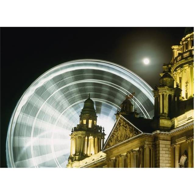 Moon Rising Behind Big Wheel & Belfast City Hall Poster Print, 18 x 13