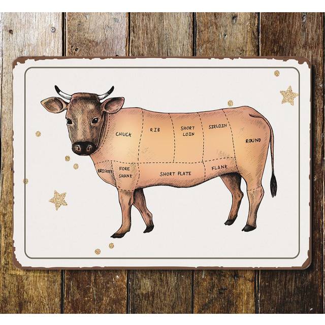 Farmhouse Kitchen Butcher Cuts of Cow Metal Wall Décor - Brown;Beige (60cm H x 80cm W)