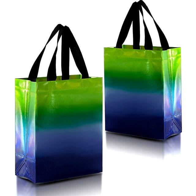 Nush Nush Rise Gradient Gift Bags - Set of 12 Blue & Green Reusable Gift Bags Medium Size With Iridescent Finish - Colorful Party Favor Bags With Hand