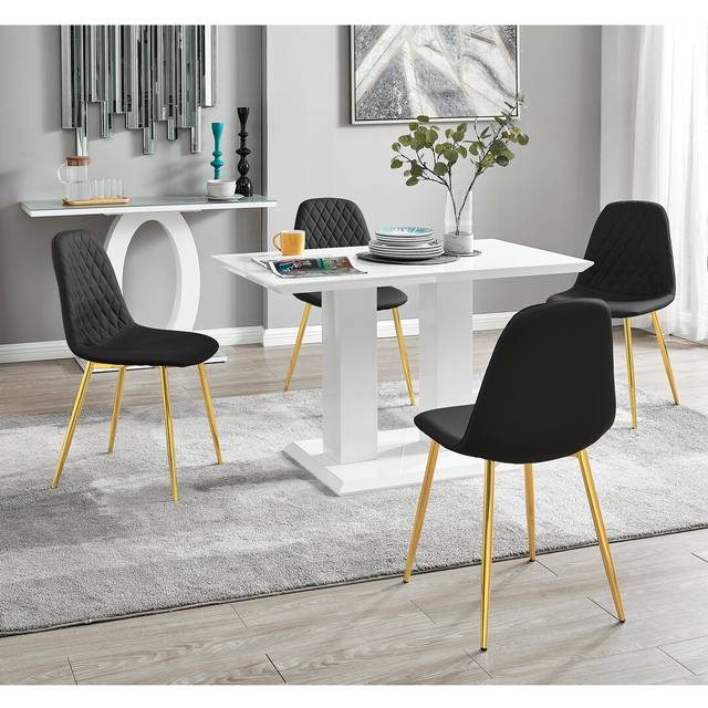 Edzard Double Pedestal High Gloss Dining Table Set with 4 Luxury Faux Leather Dining Chairs - Black (4)