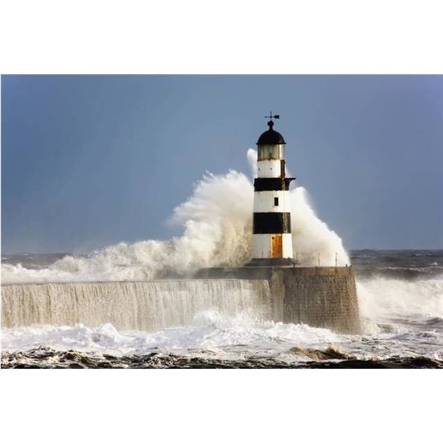Seaham Teesside England - Waves Crashing Against A Lighthouse Poster Print, 19 x 12