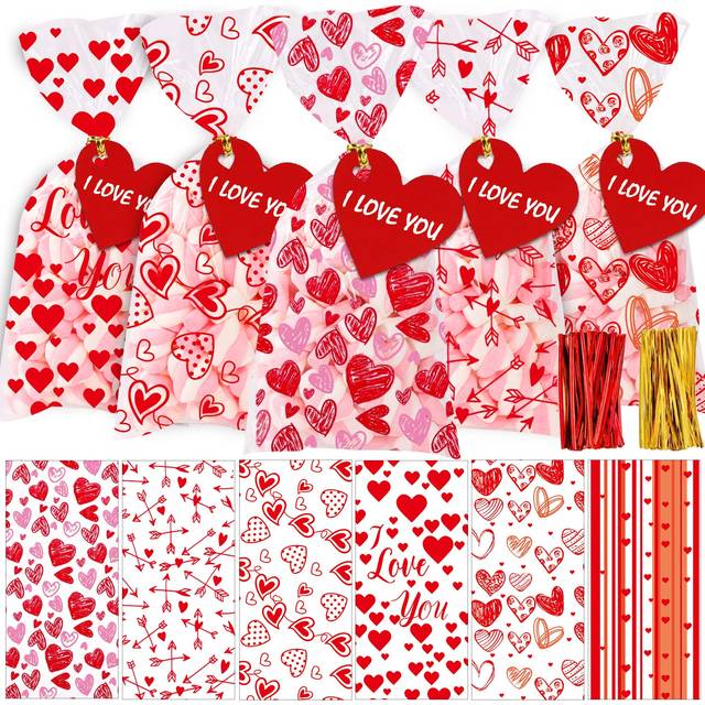 YUJUN 120 PCS Valentines Cellophane Treat Bags Valentines Present Goodie Candy Red Heart Clear Cello Bags with 100 Pieces Heart Tags for Valentine's D