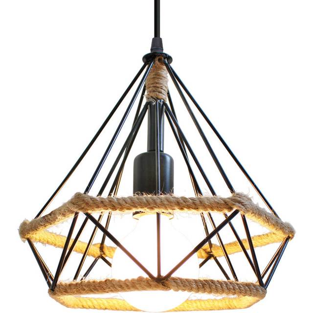 Industrial Pendant Light Retro Chandelier Diamond Cage Hanging Light E27 25CM Hemp Rope Ceiling Lamp Vintage Pendant Lamp