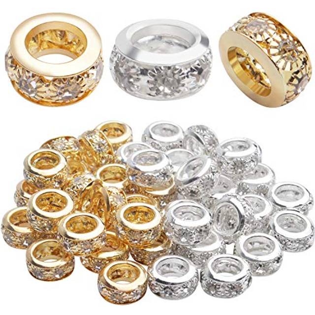 Large Hole Rhinestone Beads 40pcs 10mm Spacer Beads Crystal Pave Brass Beads Rondelle Beads Fit European Bracelet Snake Chain Jewelry DIY