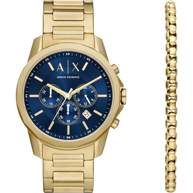 Armani Exchange Men's Blue Dial Gold Tone Bracelet Watch & Bracelet Set