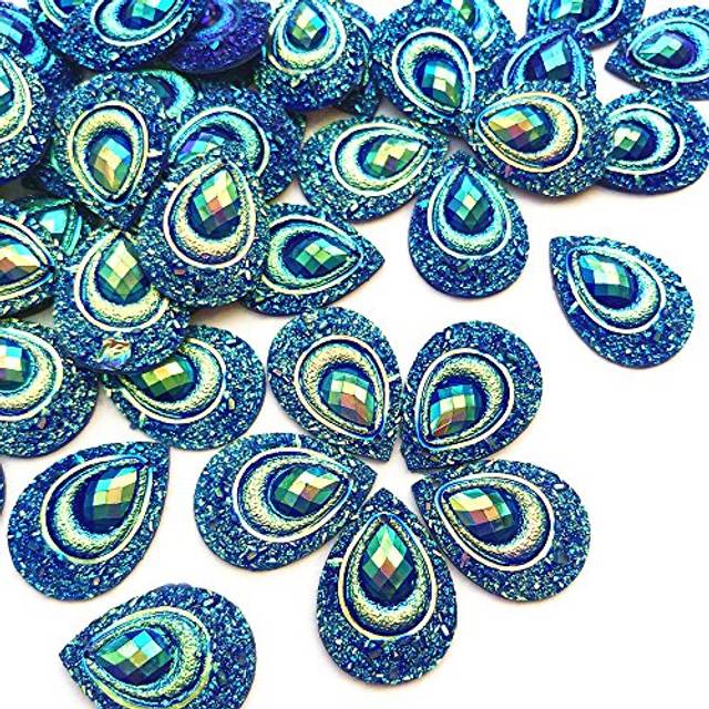 Sparkly Buttons Drop AB color Sew On crafts Rhinestones Flatback Beads Sewing for costume Wedding Dress Decorations 18x25mm 50pcs (Blue)