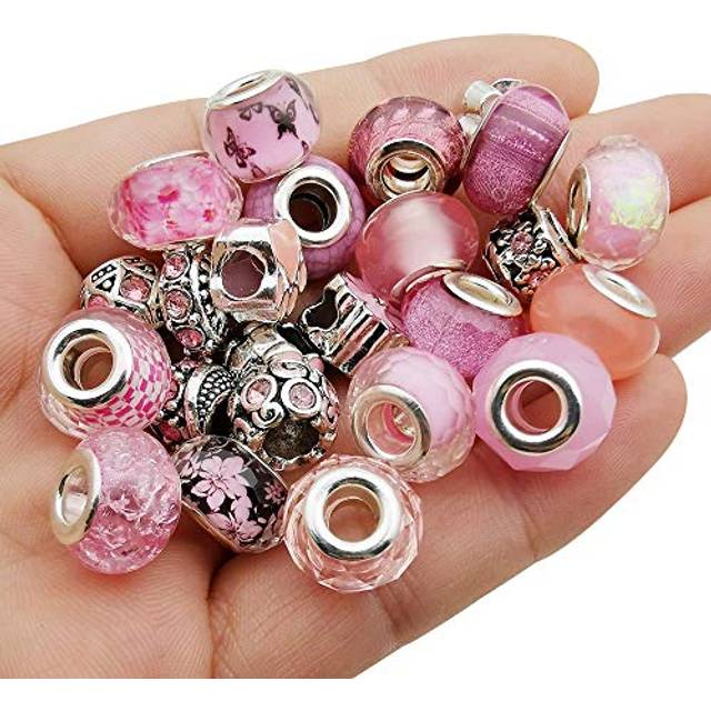 50pcs Assorted Pink Resin Imitation Glass European Large Hole Beads Rhinestone Metal Spacer Charms Bead Assortments for DIY Crafts Bracelets Necklaces