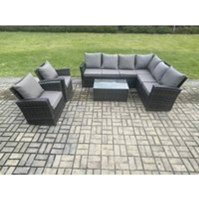 Fimous 8 Seater High Back Outdoor Garden Furniture Set Rattan Corner Sofa Set With Rectangular Coffee Table 2 Armchairs Dark Grey Mixed