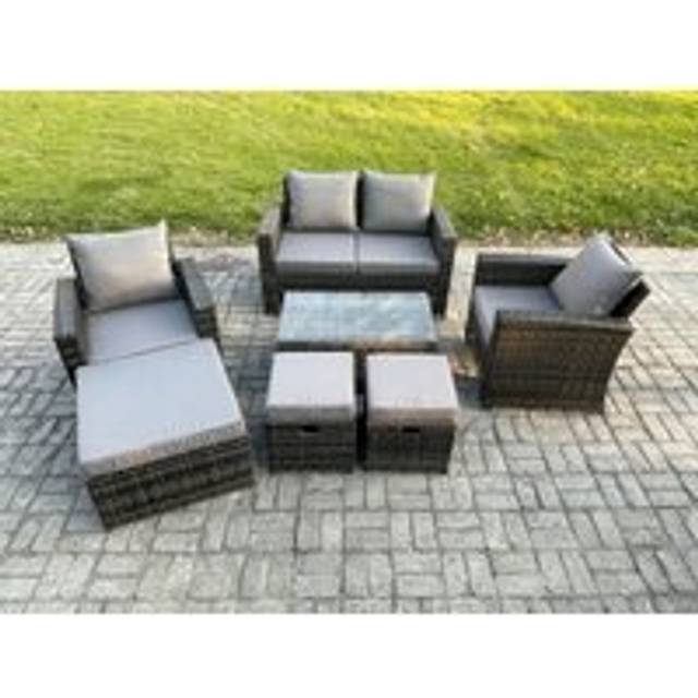 Fimous - 7 Seater Outdoor Lounge Sofa Set Wicker pe Rattan Garden Furniture Set with Rectangular Coffee Table Double Seat Sofa 3 Footstools Dark Grey