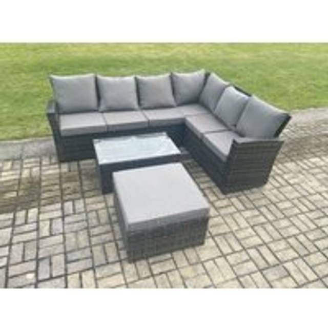 7 Seater High Back Outdoor Garden Furniture Set Rattan Corner Sofa Set With Rectangular Coffee Table Big Footstool Dark Grey Mixed - Fimous