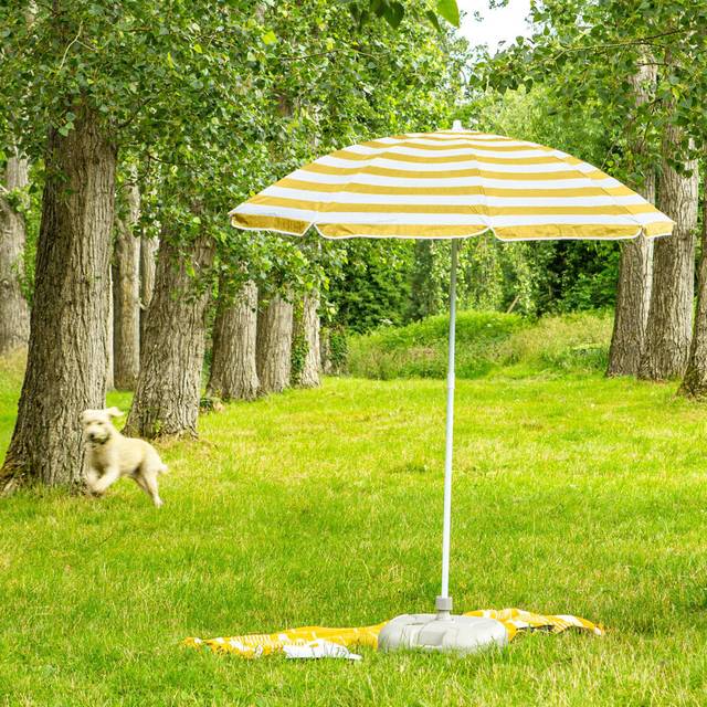 Harbour Housewares Metal Beach Parasol with White Base - 1.8m - Yellow Stripe, Yellow