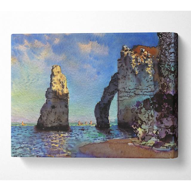Monet the Rocky Cliffs of Etretat - Wrapped Canvas Art Prints - Multicolour (66cm H x 106.6cm W)