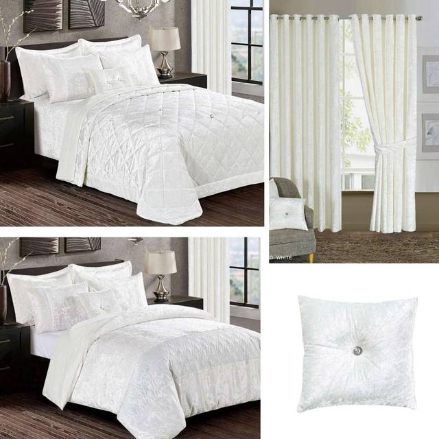 Salzman Polyester Crushed Velvet Set Of 4 Bedspread Duvet cover Curtain and Cushion Cover - White