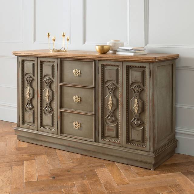 Rustic Antique French Style Sideboard - Olive (86cm H X 50cm W X 41cm D)