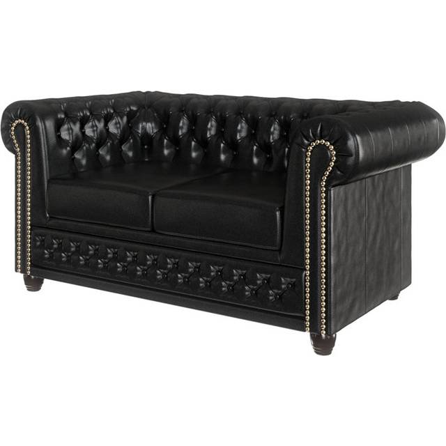 Chesterfield Erra Sofa 2 Seater Made of Vegan Leather with Solid Wood Legs - Black (72cm H X 148cm W X 86cm D)