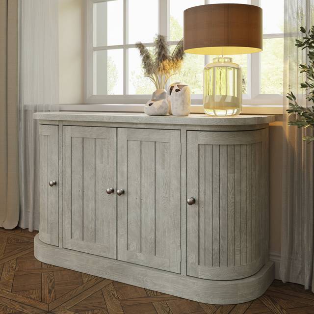 Alivia 4 Door Sideboard Curved End 153cm - Distressed Reclaimed Limewashed Pine - Limed Driftwood (90cm H X 153cm W X 45cm D)