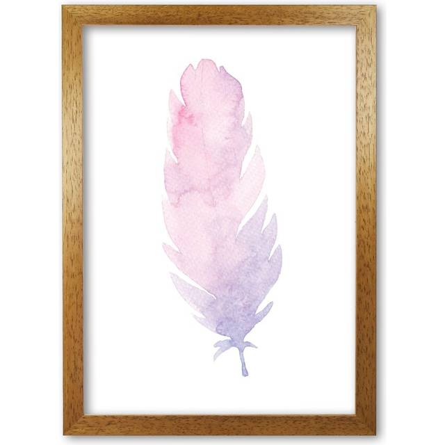 Watercolour Pink Feather - Painting Print on Paper - Honey Oak Frame (60 cm H x 42 cm W x 5 cm D)