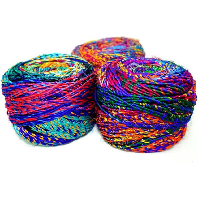 Revolution Fibers Recycled Sari Silk Yarn  Multi-Color Pure Silk Yarn  Made from Handspun Used Sari Fabric Ribbon Scraps  Rainbow Yarn for Knitting  W