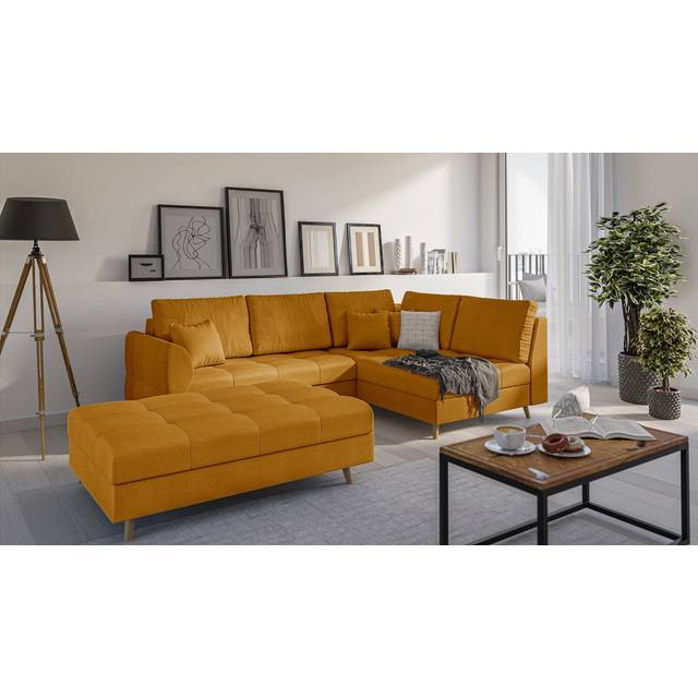 Corner Sofa And Footstool with Wooden Legs In Scandinavian Style Knutsford - Yellow (81cm H X 231cm W X 161cm D)