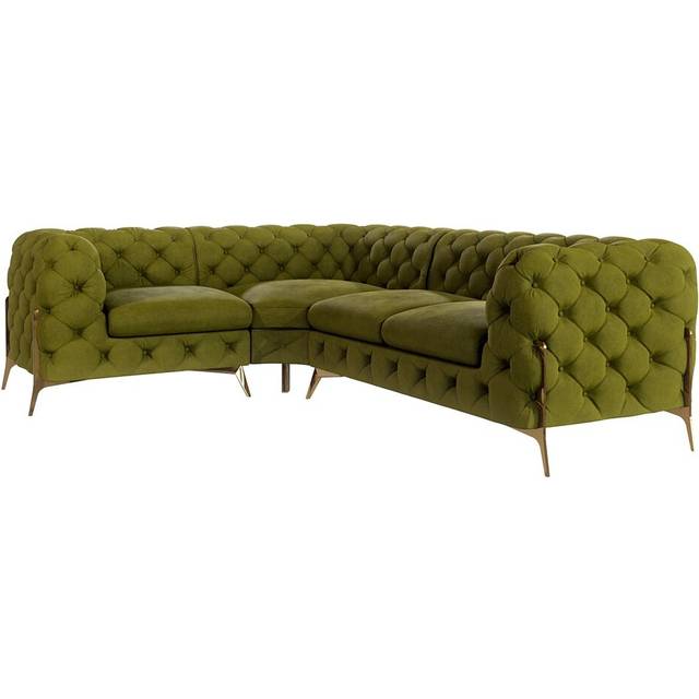 Chesterfield Corner Sofa L-Shape Atoka with Gold Metal Legs - Olive (73cm H X 262cm W X 200cm D)