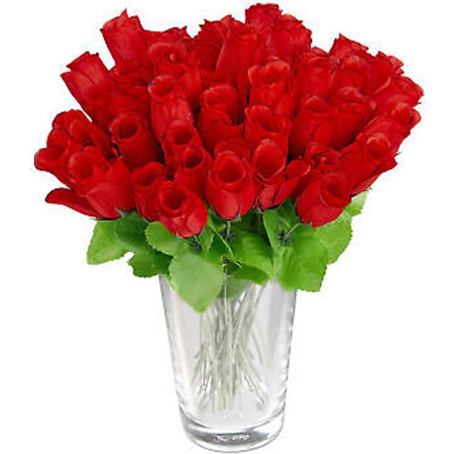 Relaxdays - Artificial Red Roses, Faux Decorative Flowers, 48x with Stems & Foliage, h: 26 cm, Red