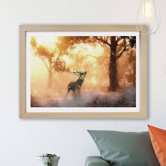 Deer Stag in an Autumn Forest - Picture Frame Graphic Art Print on Paper - Oak (62cm H x 87cm W x 2cm D)