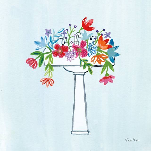 Floral Bathroom II Light Blue by Farida Zaman - Wrapped Canvas Painting (122cm H x 122cm W)
