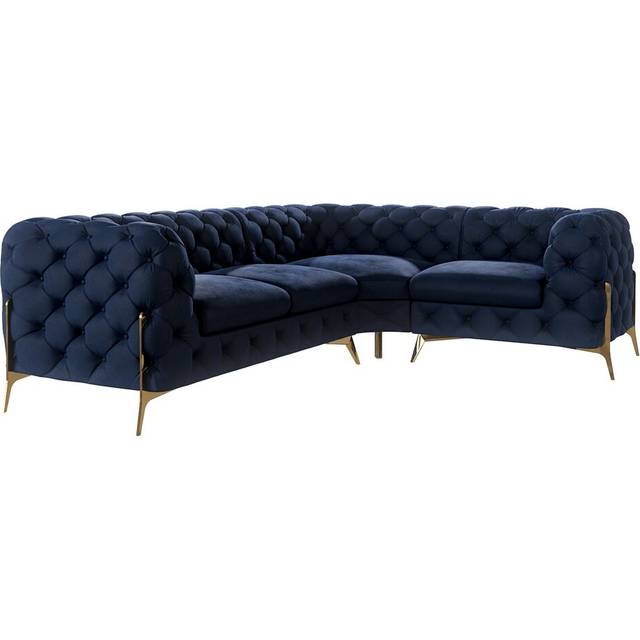Chesterfield Corner Sofa L-Shape Atoka with Gold Metal Legs - Navy Blue (73cm H X 262cm W X 200cm D)