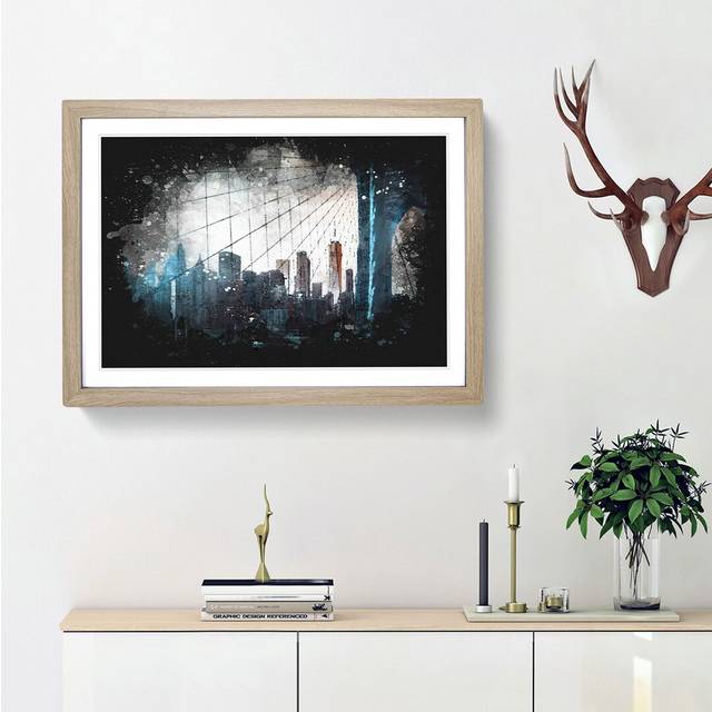 Brooklyn Bridge & New York Skyline Paint Splash - Picture Frame Graphic Art - Oak Framed (45cm H x 63cm W x 2cm D)