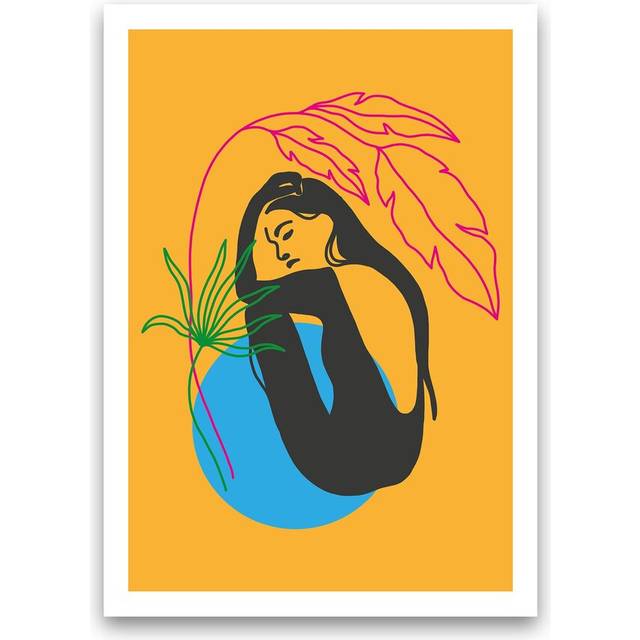 Girl Under Plant Yellow Neon Funk by Pixy Paper - Graphic Art - Unframed (29.7cm H x 21cm W x 1cm D)