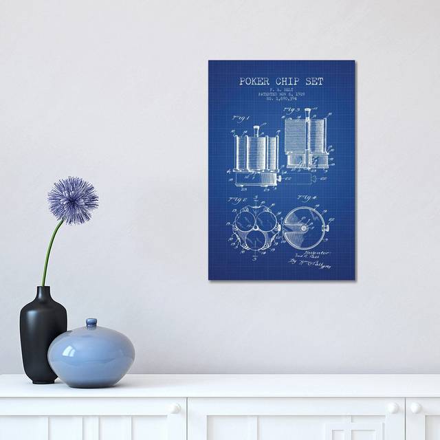 F.R. Belt Poker Chip Set Patent Sketch (Blue Grid) by Aged Pixel - Wrapped Canvas Art Prints (30.48 cm H x 45.72 cm W)