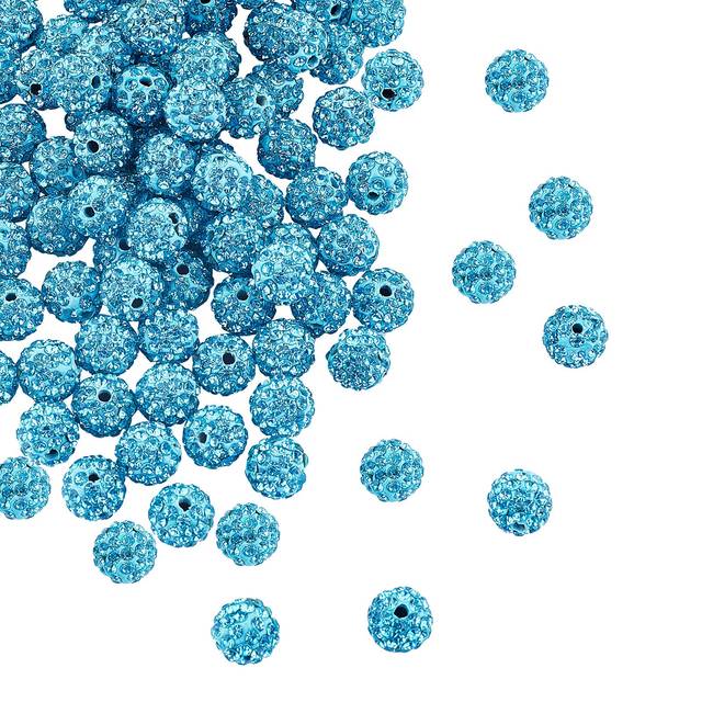 PH PandaHall 100pcs 10mm Aquamarine Rhinestones Pave Disco Ball Clay Beads  Polymer Clay Rhinestone Beads Round Charms Crystal Diamond Beads for Brace